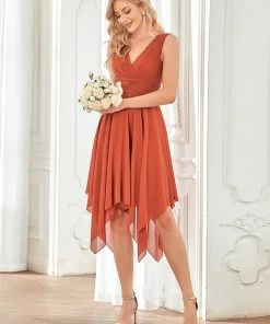 Ever-Pretty US Hot V Neck Ruched Asymmetrical Hems Midi Chiffon Bridesmaid Dress