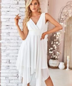Ever-Pretty US Hot V Neck Ruched Asymmetrical Hems Midi Chiffon Bridesmaid Dress