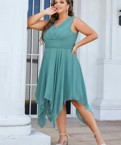 Ever-Pretty US Plus Size Double V Neck Ruched-Waist Midi Chiffon Bridesmaid Dress