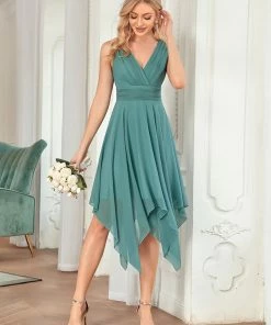 Ever-Pretty US SHOP BY OCCASION Stylish V Neck Ruched Asymmetrical Hems Midi Chiffon Bridesmaid Dress