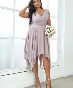 Ever-Pretty US Plus Size Double V Neck Ruched-Waist Midi Chiffon Bridesmaid Dress