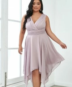 Ever-Pretty US Plus Size Double V Neck Ruched-Waist Midi Chiffon Bridesmaid Dress
