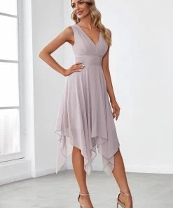 Ever-Pretty US SHOP BY OCCASION Stylish V Neck Ruched Asymmetrical Hems Midi Chiffon Bridesmaid Dress