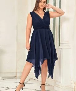 Ever-Pretty US Plus Size Double V Neck Ruched-Waist Midi Chiffon Bridesmaid Dress
