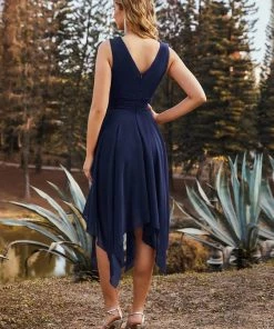 Ever-Pretty US Hot V Neck Ruched Asymmetrical Hems Midi Chiffon Bridesmaid Dress