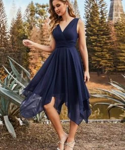 Ever-Pretty US Hot V Neck Ruched Asymmetrical Hems Midi Chiffon Bridesmaid Dress