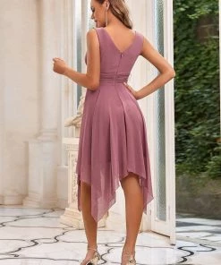 Ever-Pretty US Hot V Neck Ruched Asymmetrical Hems Midi Chiffon Bridesmaid Dress