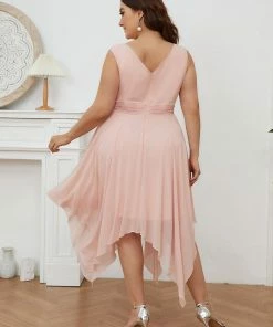 Ever-Pretty US Plus Size Double V Neck Ruched-Waist Midi Chiffon Bridesmaid Dress