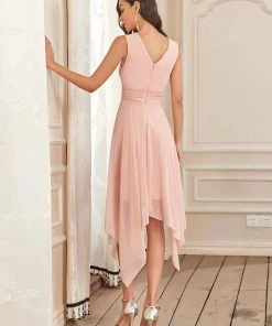 Ever-Pretty US Hot V Neck Ruched Asymmetrical Hems Midi Chiffon Bridesmaid Dress