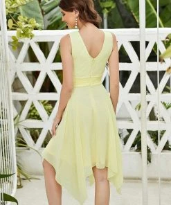 Ever-Pretty US Hot V Neck Ruched Asymmetrical Hems Midi Chiffon Bridesmaid Dress