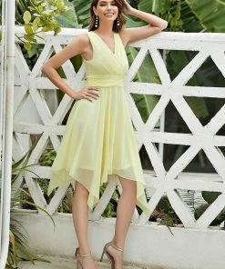Ever-Pretty US Hot V Neck Ruched Asymmetrical Hems Midi Chiffon Bridesmaid Dress