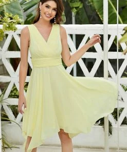 Ever-Pretty US Hot V Neck Ruched Asymmetrical Hems Midi Chiffon Bridesmaid Dress