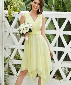 Ever-Pretty US Hot V Neck Ruched Asymmetrical Hems Midi Chiffon Bridesmaid Dress