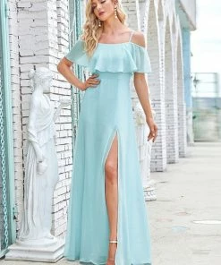 Ever-Pretty US Flattering Chiffon Spaghetti Straps Lotus Leaf Sleeveless Bridesmaid Dress