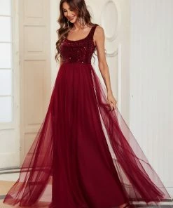 Ever-Pretty US Summer Dresses 2022 Tulle Sequin Sleeveless A-Line Bridesmaid Dress