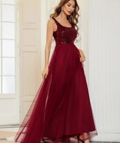 Ever-Pretty US Summer Dresses 2022 Tulle Sequin Sleeveless A-Line Bridesmaid Dress