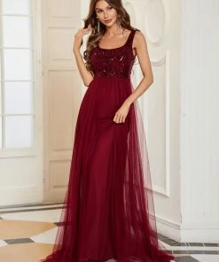 Ever-Pretty US Summer Dresses 2022 Tulle Sequin Sleeveless A-Line Bridesmaid Dress