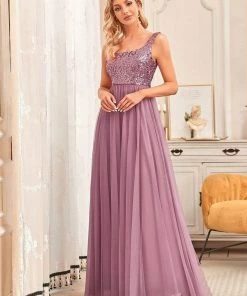 Ever-Pretty US Summer Dresses 2022 Tulle Sequin Sleeveless A-Line Bridesmaid Dress