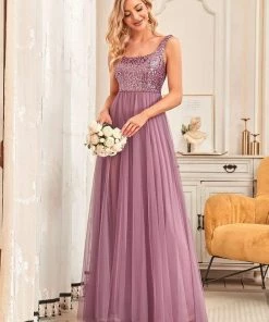 Ever-Pretty US Summer Dresses 2022 Tulle Sequin Sleeveless A-Line Bridesmaid Dress