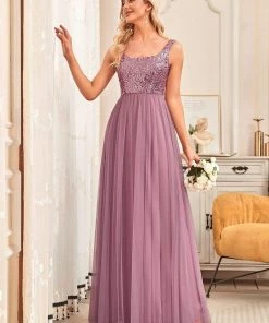 Ever-Pretty US Summer Dresses 2022 Tulle Sequin Sleeveless A-Line Bridesmaid Dress