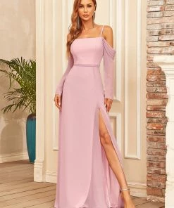 Ever-Pretty US Sheer Long Sleeved Cold Shoulder Slit Bridesmaid Dress Long Sleeve Dresses