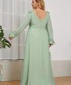 Ever-Pretty US SHOP BY OCCASION Plus Size Double V-Neck High Slit Long Sleeve Formal Dresses