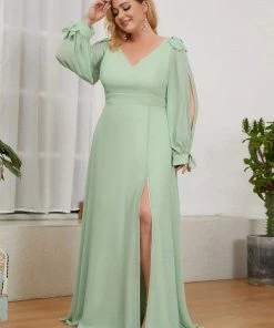 Ever-Pretty US SHOP BY OCCASION Plus Size Double V-Neck High Slit Long Sleeve Formal Dresses