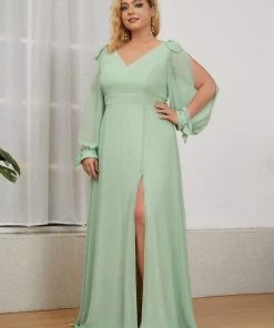 Ever-Pretty US SHOP BY OCCASION Plus Size Double V-Neck High Slit Long Sleeve Formal Dresses