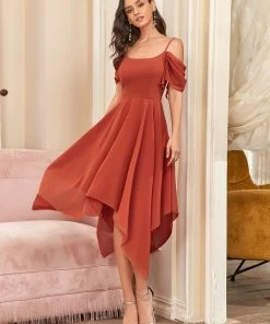 Ever-Pretty US Homecoming Dresses Cold Shoulder Asymmetrical Hems Midi Bridesmaid Dress