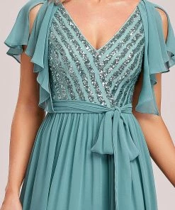 Ever-Pretty US Flutter Sleeve Tie-Waist Sequin A-Line Bridesmaid Dress