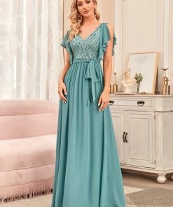 Ever-Pretty US Flutter Sleeve Tie-Waist Sequin A-Line Bridesmaid Dress