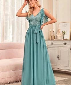 Ever-Pretty US Flutter Sleeve Tie-Waist Sequin A-Line Bridesmaid Dress