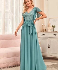 Ever-Pretty US Flutter Sleeve Tie-Waist Sequin A-Line Bridesmaid Dress