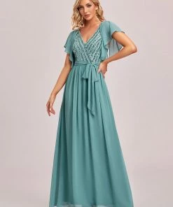 Ever-Pretty US Flutter Sleeve Tie-Waist Sequin A-Line Bridesmaid Dress