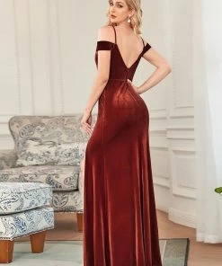 Ever-Pretty US SHOP BY OCCASION Velvet Spaghetti Strap High Slit Sweetheart Bridesmaid Dress