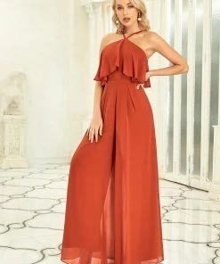 Ever-Pretty US SHOP BY LENGTH Retro Wide Leg Halter Top Ruffle Jumpsuit