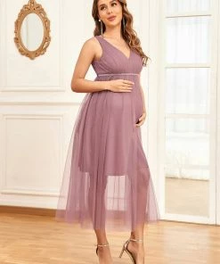 Ever-Pretty US Ruched V-Neck Sequin Empire Waist Double Layer Tulle Maternity Dress Maternity Dresses