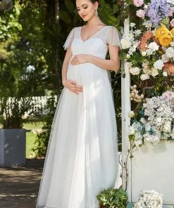 Ever-Pretty US Maternity Dresses Sequin Sweetheart Sheer Flutter Sleeve Tulle Empire Waist Bump Friendly Dress