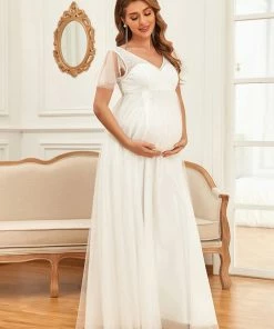 Ever-Pretty US Maternity Dresses Sequin Sweetheart Sheer Flutter Sleeve Tulle Empire Waist Bump Friendly Dress