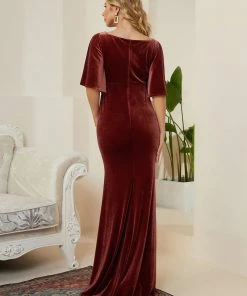 Ever-Pretty US Velvet Short Sleeve Floor-Length Mermaid Bump Friendly Dress