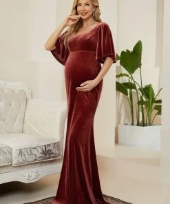 Ever-Pretty US Velvet Short Sleeve Floor-Length Mermaid Bump Friendly Dress