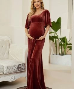 Ever-Pretty US Velvet Short Sleeve Floor-Length Mermaid Bump Friendly Dress