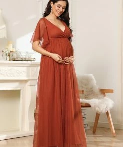 Ever-Pretty US Tulle Short Ruffle Sleeve V-Neck A-Line Bump Friendly Dress Maternity Dresses