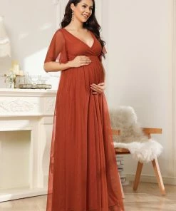 Ever-Pretty US Tulle Short Ruffle Sleeve V-Neck A-Line Bump Friendly Dress Maternity Dresses