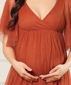 Ever-Pretty US Tulle Short Ruffle Sleeve V-Neck A-Line Bump Friendly Dress Maternity Dresses