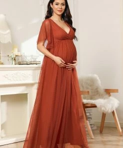 Ever-Pretty US Tulle Short Ruffle Sleeve V-Neck A-Line Bump Friendly Dress Maternity Dresses