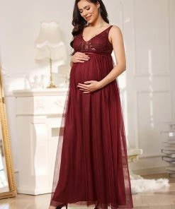 Ever-Pretty US Maternity Dresses Plus Size Double V-Neck Lace Bodice Long Flowy Maternity Dress