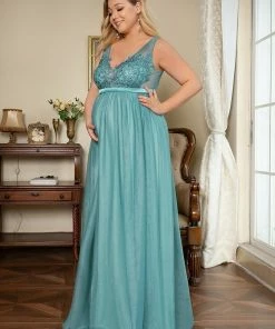 Ever-Pretty US Maternity Dresses Plus Size Double V-Neck Lace Bodice Long Flowy Maternity Dress