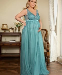 Ever-Pretty US Maternity Dresses Plus Size Double V-Neck Lace Bodice Long Flowy Maternity Dress