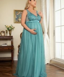Ever-Pretty US Maternity Dresses Plus Size Double V-Neck Lace Bodice Long Flowy Maternity Dress
